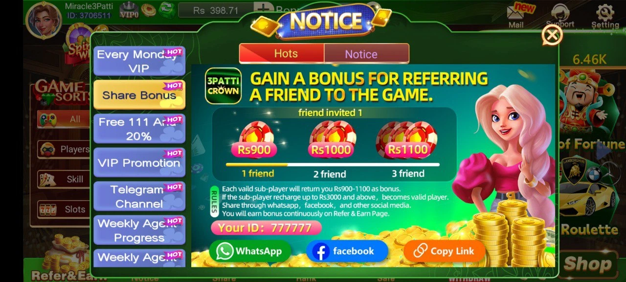 Invite and Earn 1100 PKR Agent Bonus in 3 Patti Crown