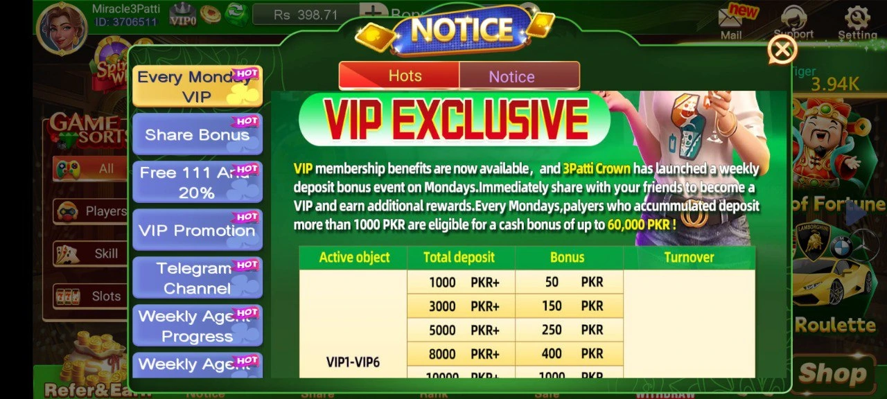 Monday VIP Bonus in Teen Patti Crown Game
