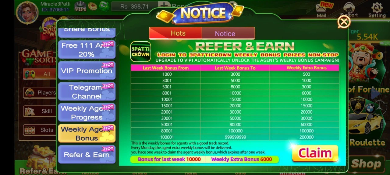 Weekly Agent Bonus Teen Patti Crown VIP Level 1 Required